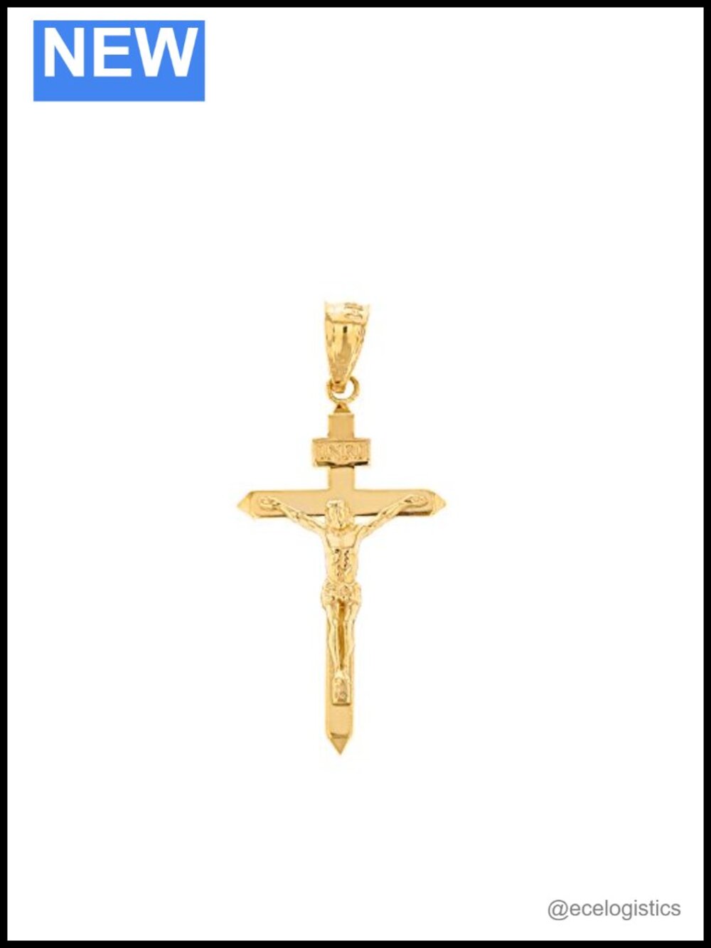 Solid 14k Yellow Gold Linear Cross INRI Crucifix Charm Pendant 1.15"